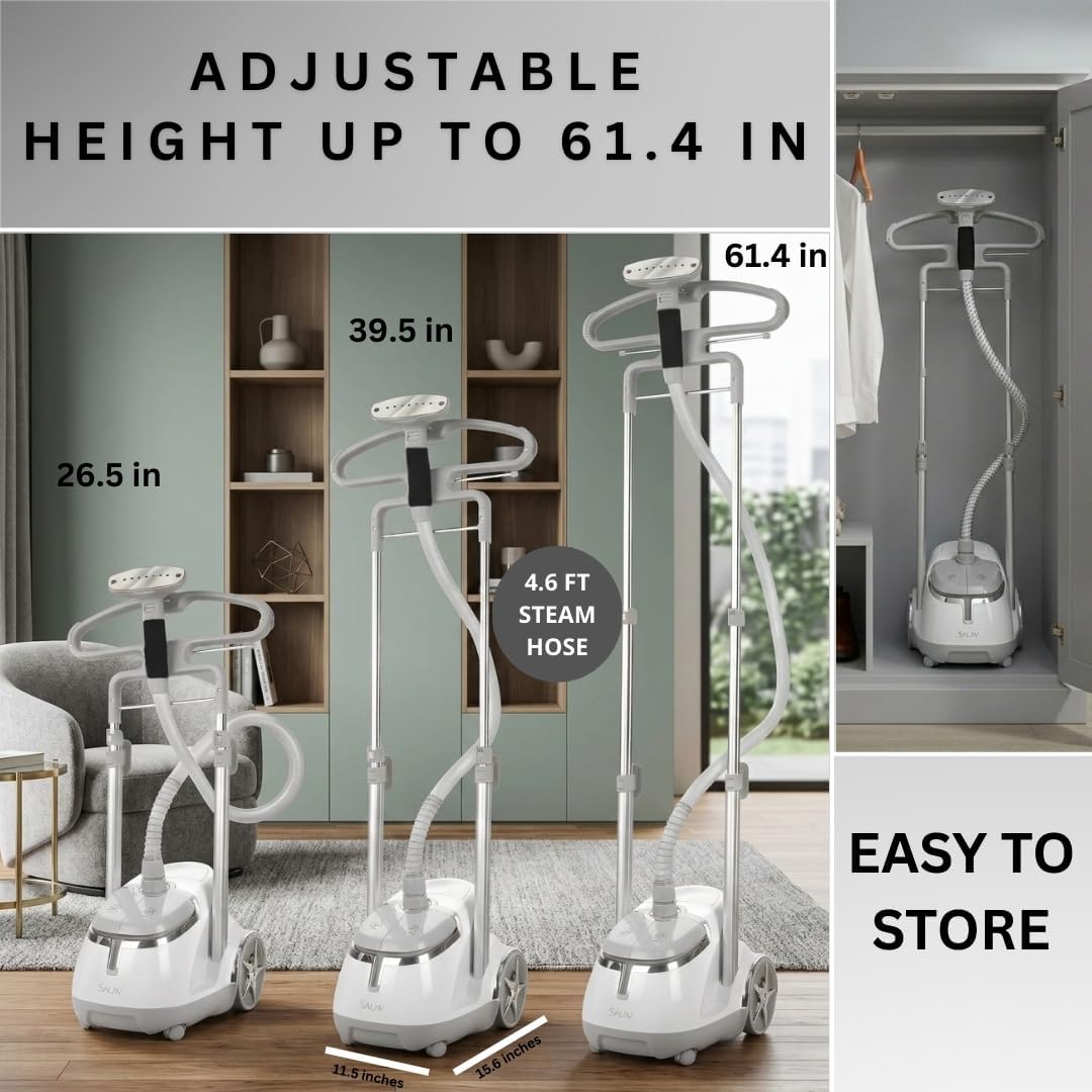 SALAV GS45-DJ Professional Upright Garment Steamer with Roll Wheels, Multi-Function Extra Wide Hanger, Fabric Brush & Mini Ironing Paddle, 1500 watts, Silver