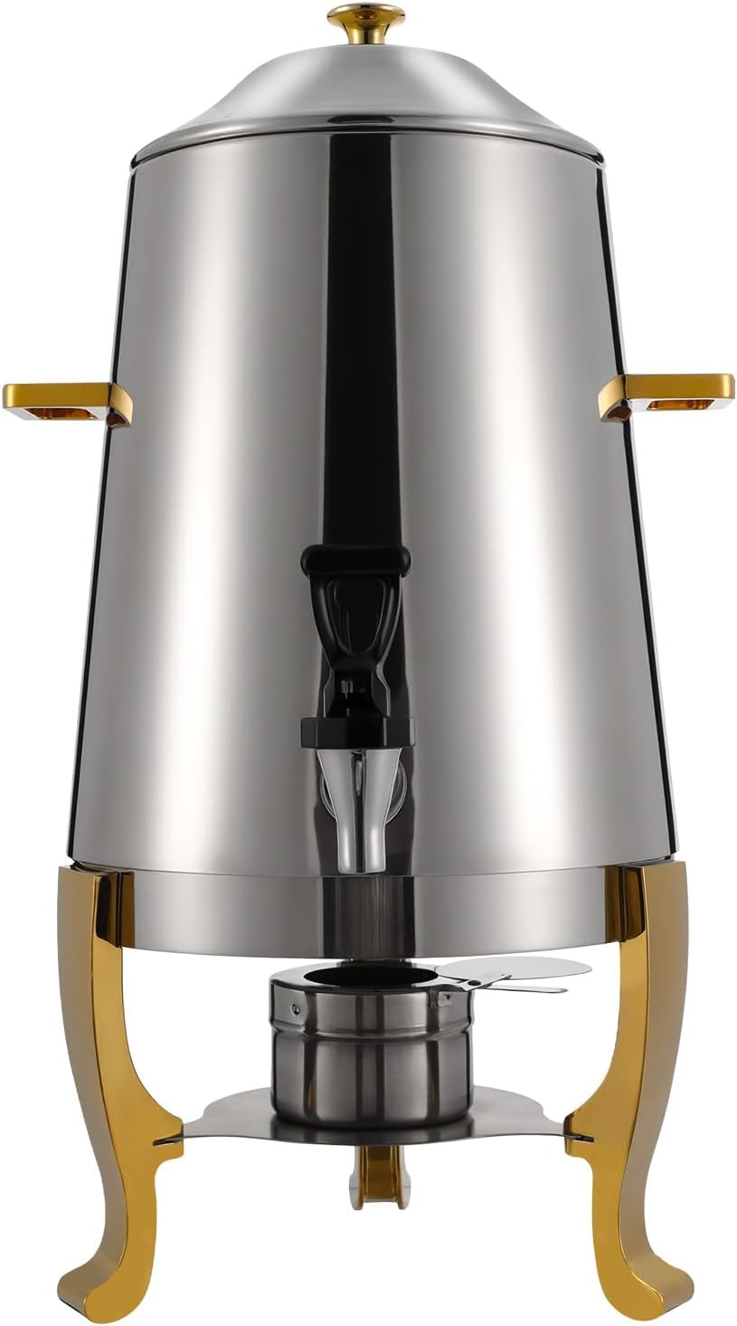 13L Coffee Urn and Hot Beverage Dispenser with Fuel Holder & Heating board, 3.4 Gallon Stainless Steel Drink Dispenser for Hot Drinks, Hot Water Urn for Catering (Silver+Gold)