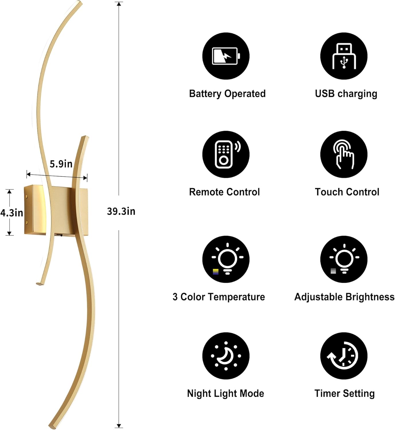 Battery Operated Wall Sconces Set of Two with Remote Control, Battery Wall Light, Stepless Colors 3000K-6000K & Dimming, Gold Rechargeable Wall Sconces for Living Room, Hallway, Bedroom, 39.3 Inch