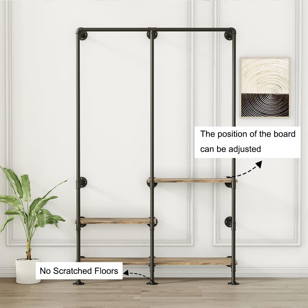 Industrial Pipe Clothing Rack with Shelves, Wall Mounted Garment Rack, Heavy Duty Choset Clothes Rack for Indoor Bedroom and as walk-in Closet System(Black)