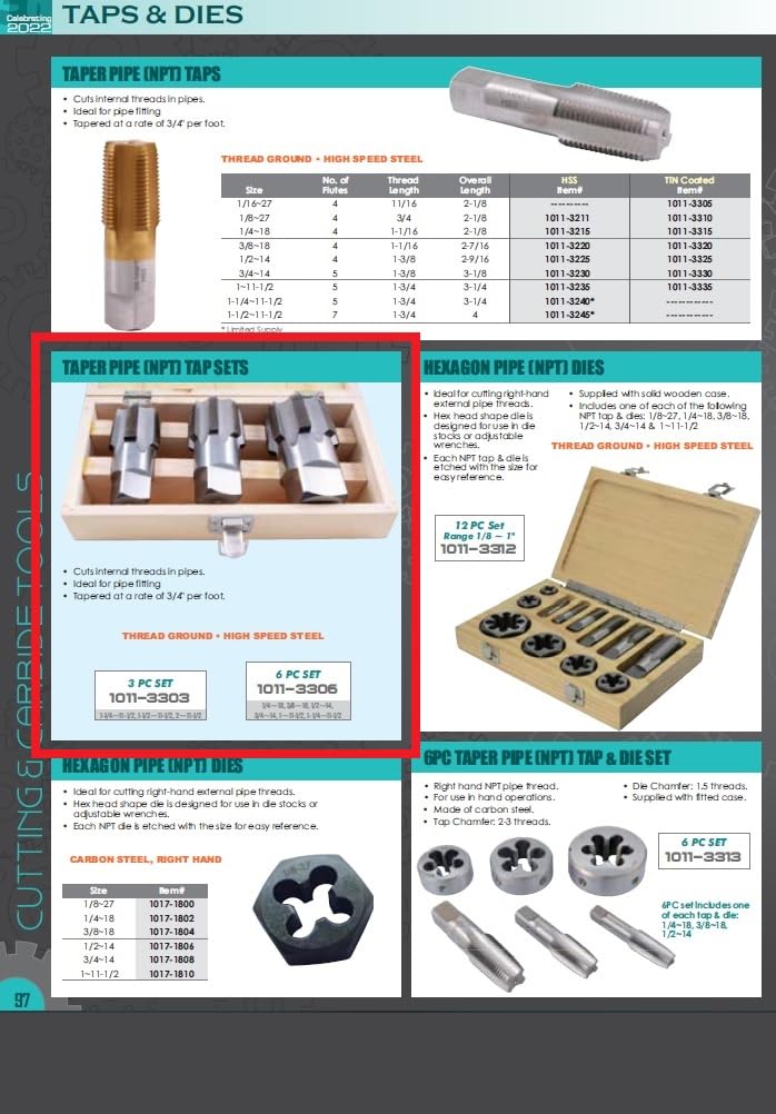 HHIP 1011-3303 3 Piece NPT Taper Pipe Tap Set, 1-1/4~2 Inch