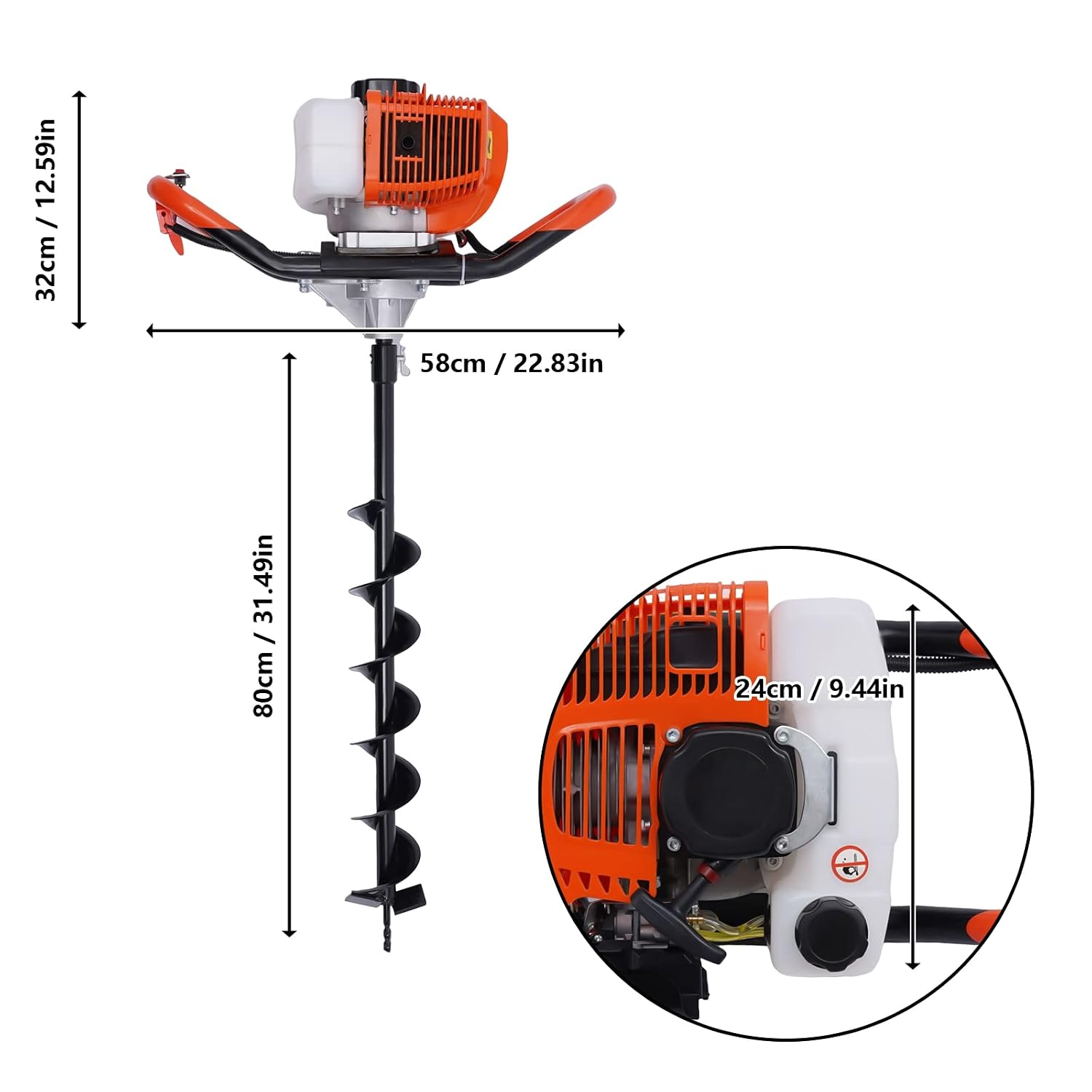 Fence Earth Auger, Petrol Borer 52cc 2.3HP 2-Stroke Post Hole Digger+Drill Bits 4' 6' 8' Bar Single Cylinder Air-Cooled System One Man Fence Earth Auger
