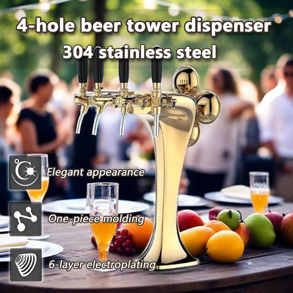 4 Taps Stainless Steel Tower, Pipe Tower Kegerator, with LED Beer Labels, Electroplating Surface (Gold/Sliver),Gold