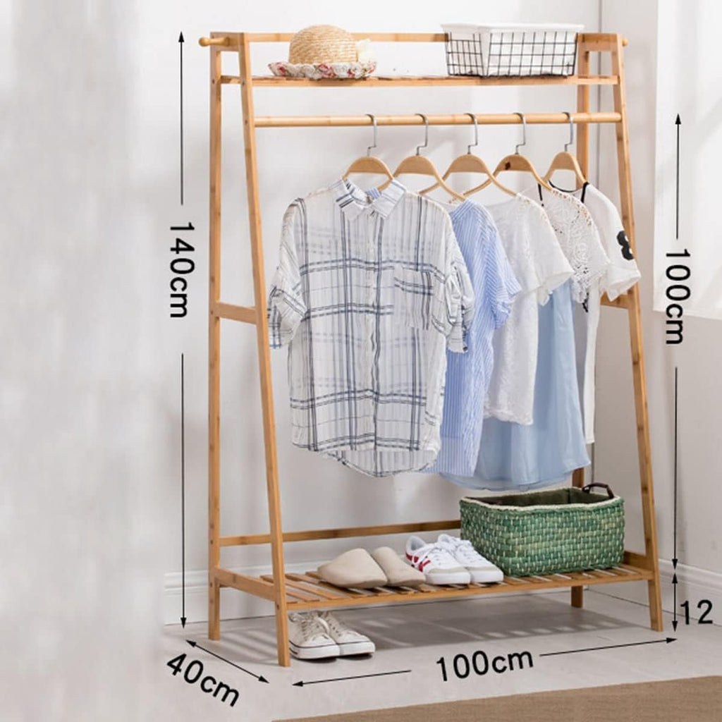 Bamboo Clothes Hanging Rack with 2 Coat Hooks Portable Laundry Rack Cloest Organizer Garment Rack for Bedroom Guest Room/50 * 40 * 140Cm (100*40*140cm )