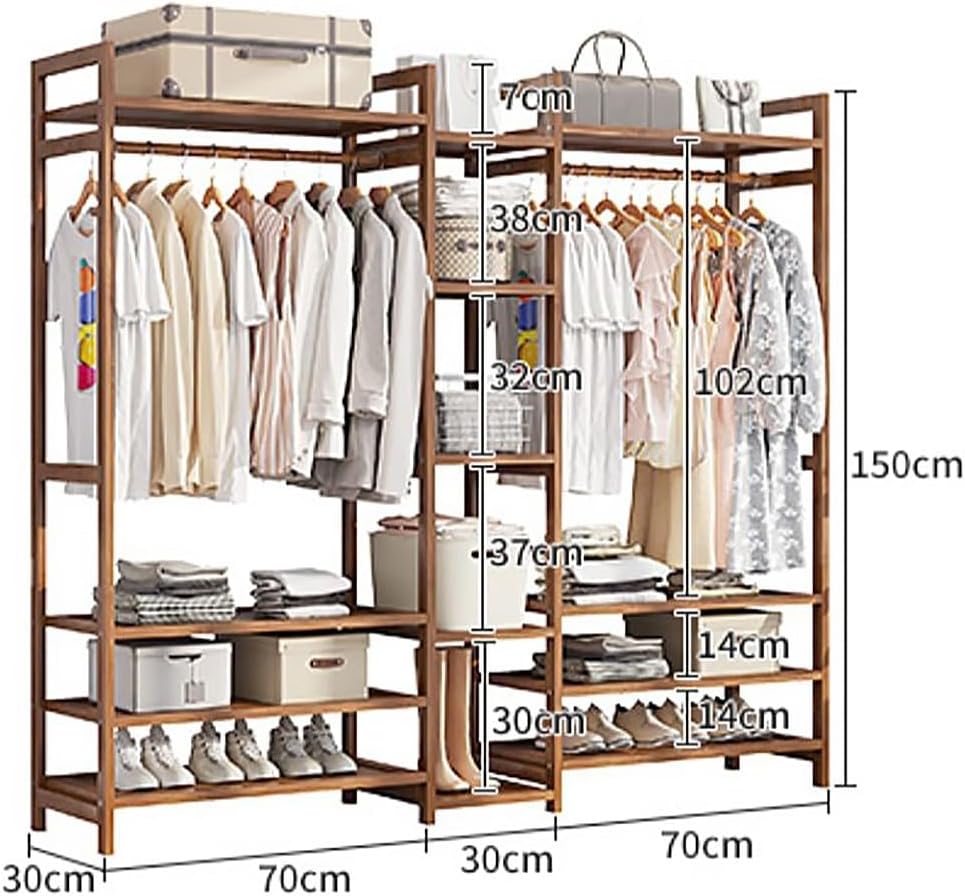Bamboo Coat Rack Stand with Hanging Rod 2 Shelves Hooks Freestanding Garment Rack for Bedroom & Hallway Storage Natural Wood Open Wardrobe nizer