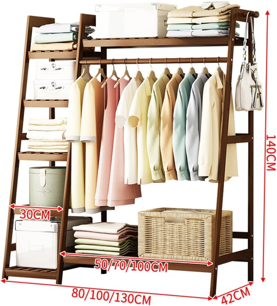 Strong Bamboo Garment Rack, with 7 Tier Shelves, Free-Standing Multifunctional Hanging Clothes Rack, Easy Assemble,100 * 42 * 140cm