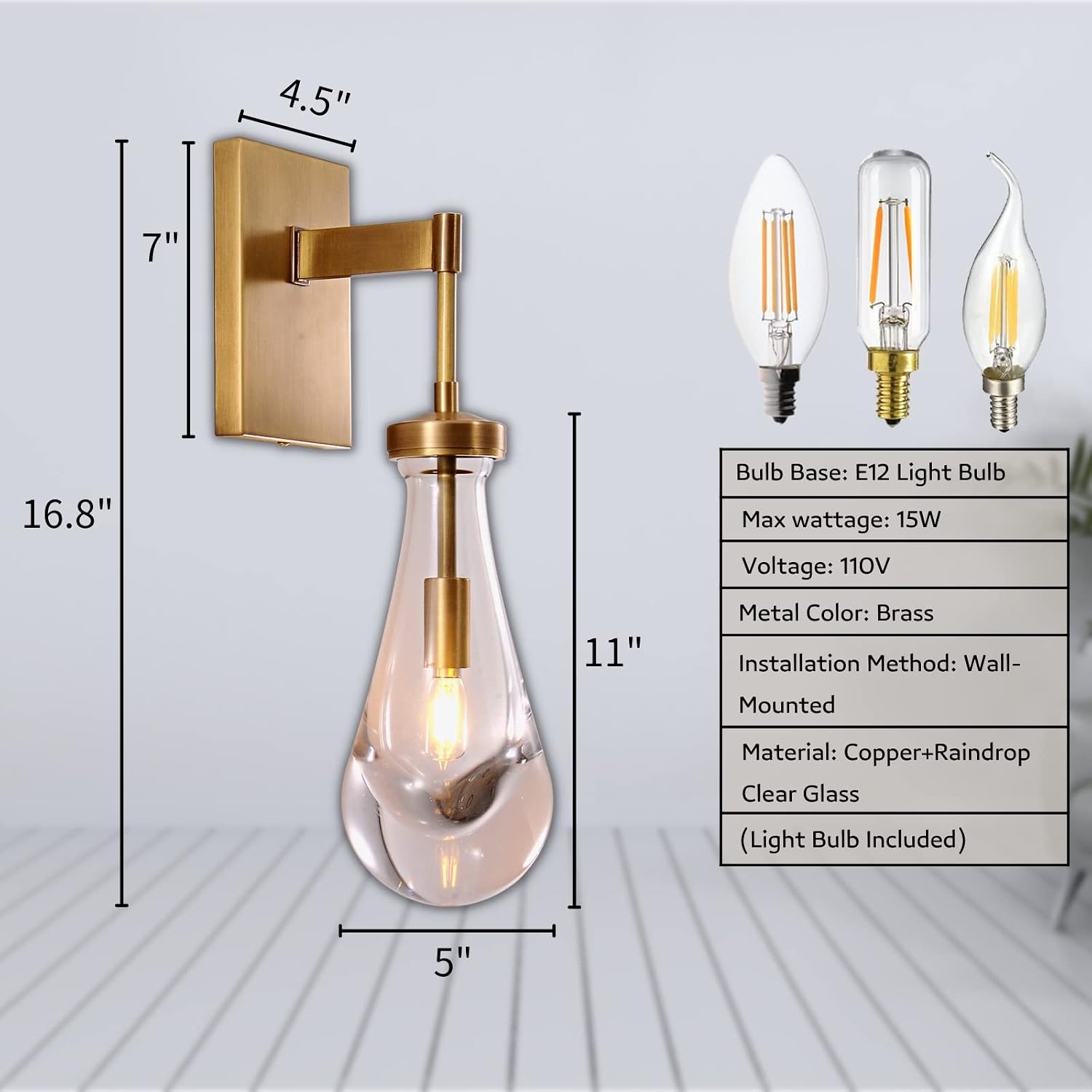 Brass Wall Sconces, Raindrop Sconces Wall Lighting, Wall Sconce Indoor for Living Room, Modern Wall Light Fixtures Bathroom Light Fixtures Wall Lamp for Hallway, Bedroom