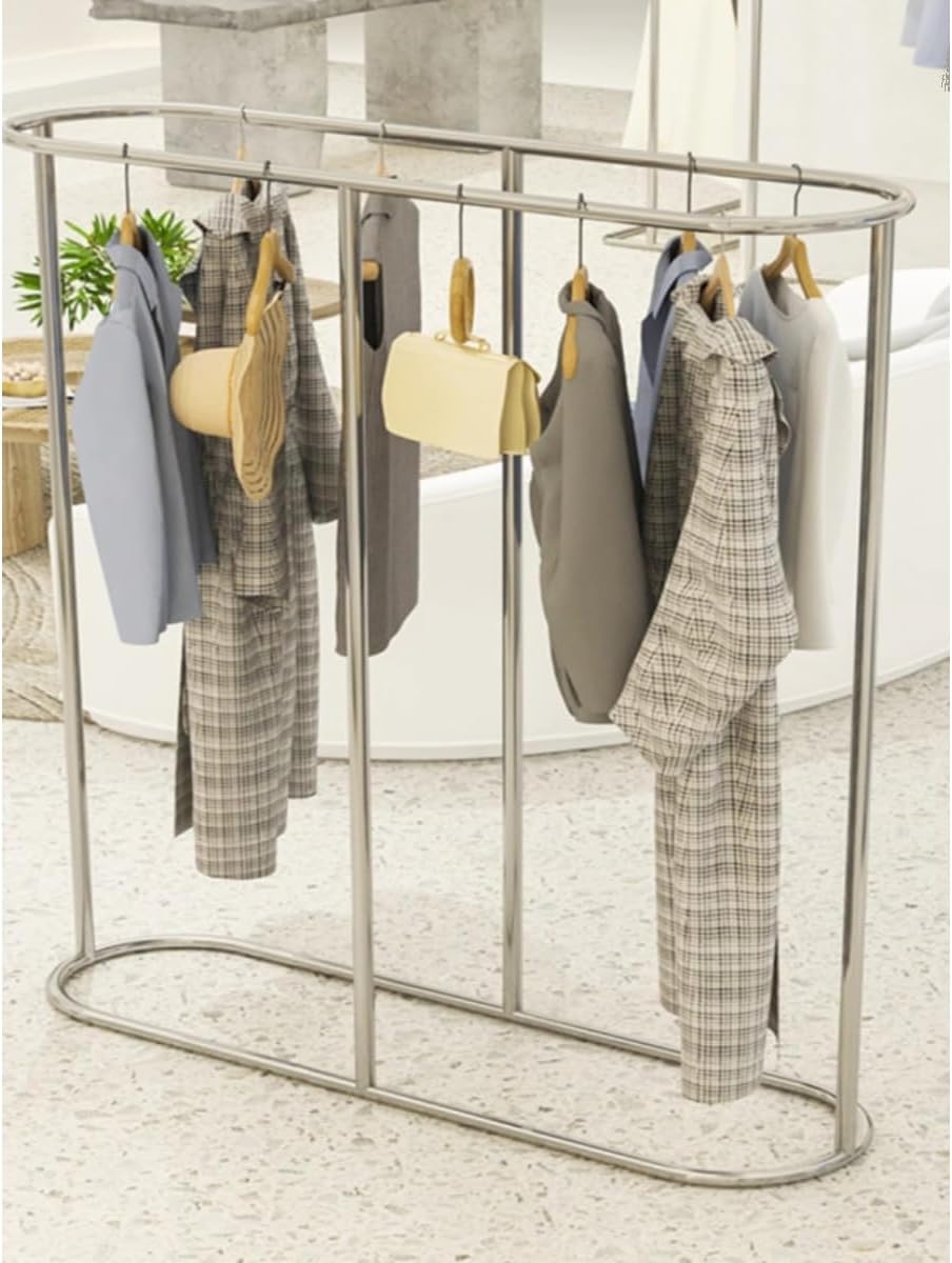 Oval Freestanding Clothes Rack, Heavy Duty Garment Rack, Stainless Steel Clothing Store Display Rack for Hanging Clothes, Bold Double Row Storage Rack