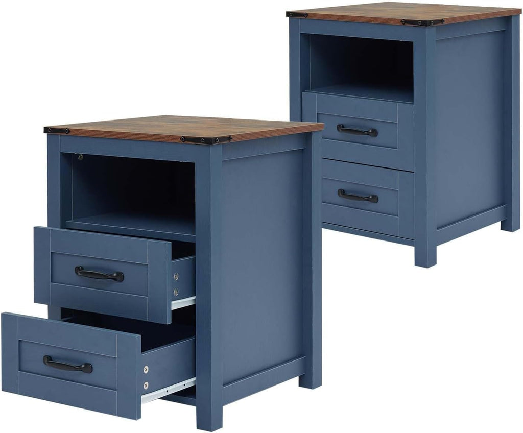 Farmhouse Nightstand with 2 Drawers Storage, End Table with Open Shelf, Bedside Table for Bedroom Without Charging Station, Blue