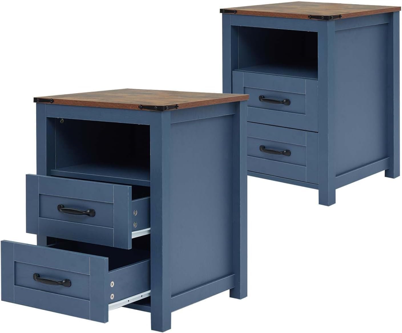 Farmhouse Nightstand with 2 Drawers Storage, End Table with Open Shelf, Bedside Table for Bedroom Without Charging Station, Blue