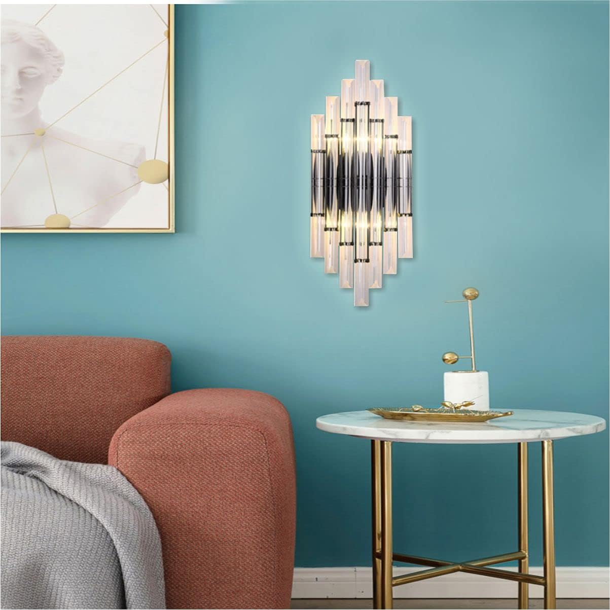 KCO Lighting Modern Crystal Wall Sconce Set of 2 Elegant Wall Mounted Light Fixture Black Metal Wall Lamp with Clear Crystal for Bedroom Living Dining Room (Black-2PC)