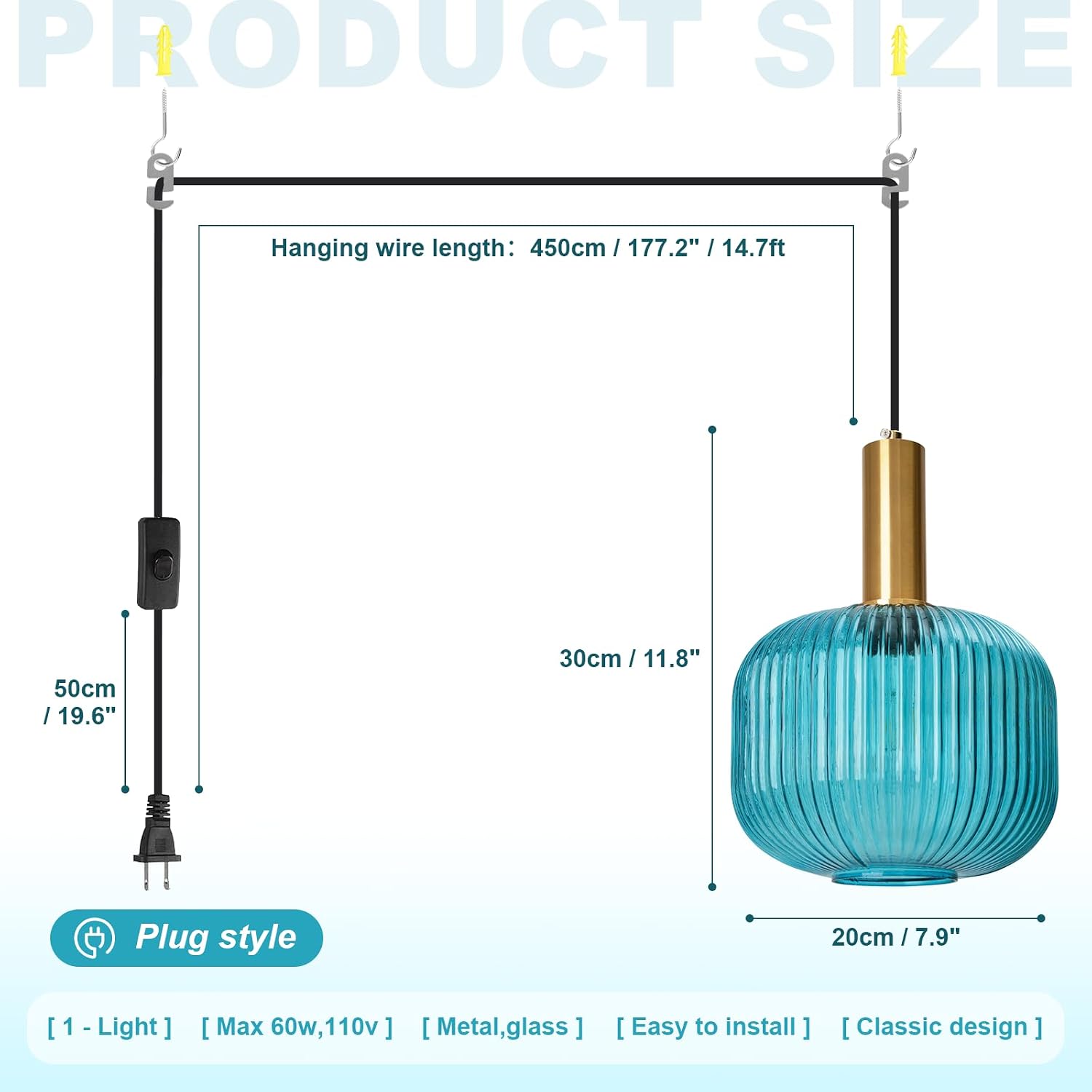 2 Pack Blue Hanging Lamp Plug in Ceiling Light with Cord Modern Coastal Pendant Lighting Fixture Striped Glass Hanging Pendant Lights for Living Room Bedroom Beach House Kitchen Gold