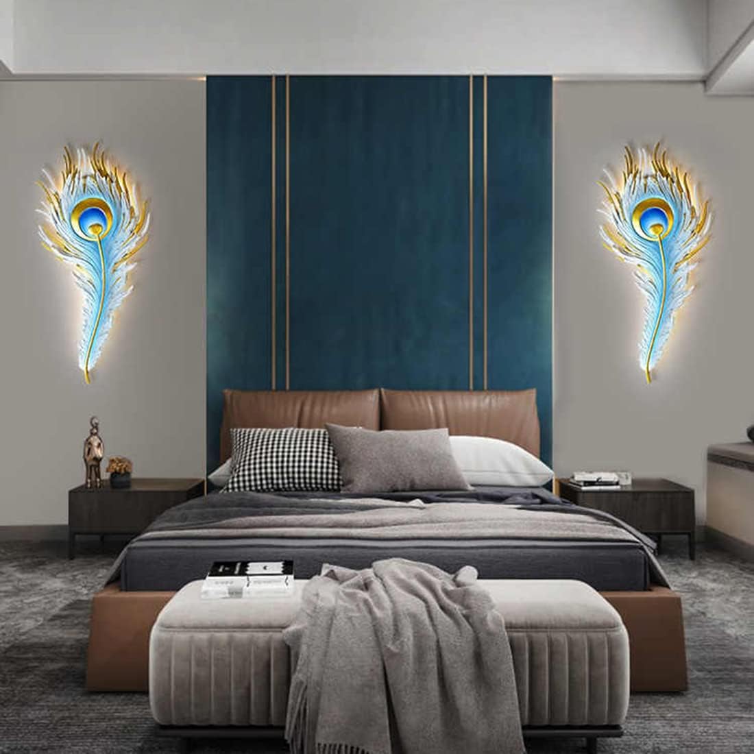 Feather Wall Lamp LED Dimmable Wall Sconce Lighting with Blue Elegant Peacock Feather Design Vintage Modern Wall Light Fixture for Bedroom Living Dining Room Hallway Deco
