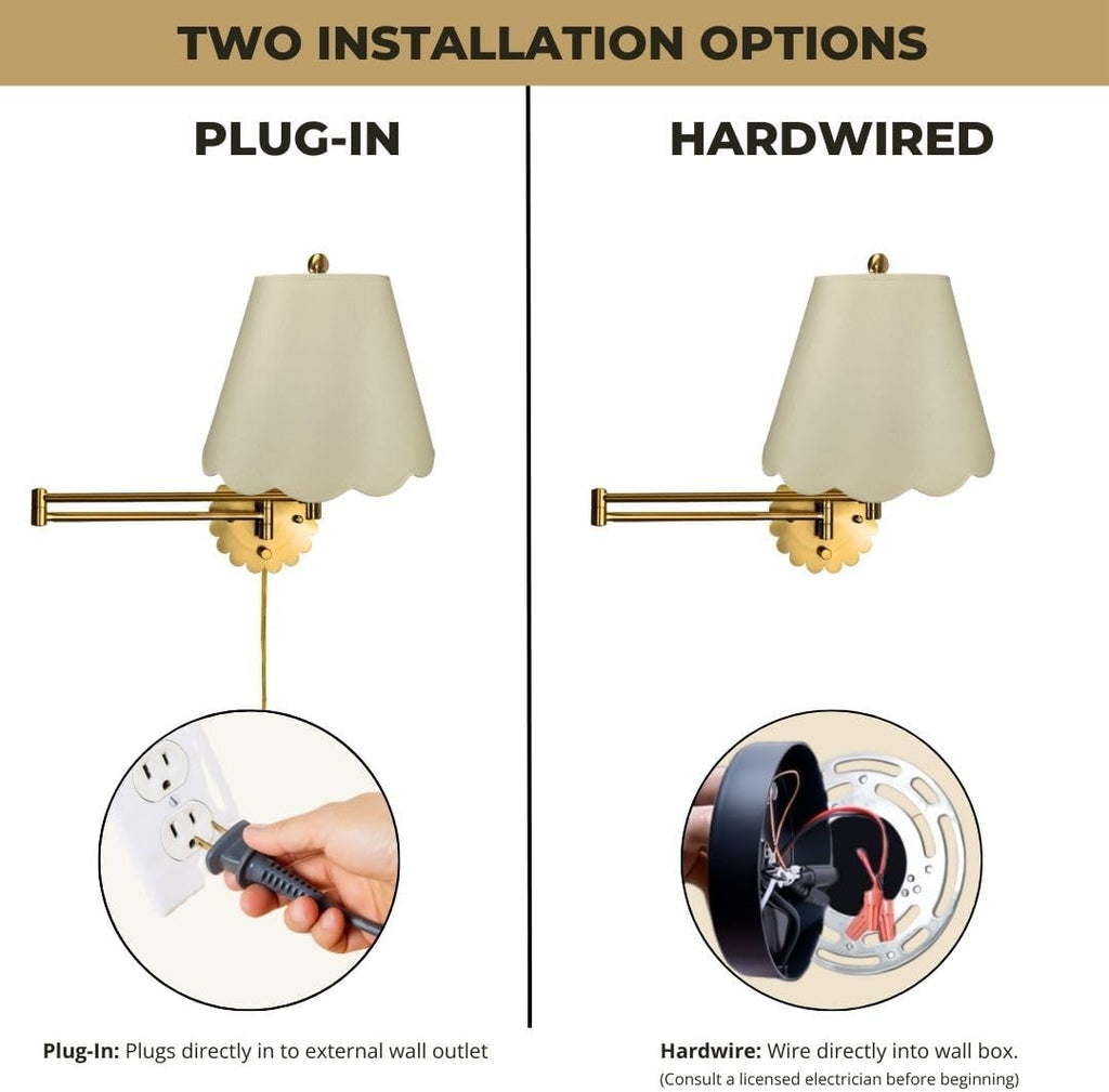 Royal Designs, Inc. Set of 2 Scalloped Swing-Arm Dimmable Wall Lamp - Brushed Satin Brass Lamp with Beige Scallop Hardback Lampshade