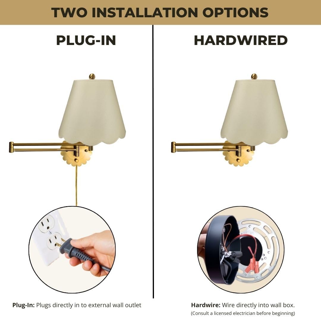 Royal Designs, Inc. Set of 2 Scalloped Swing-Arm Dimmable Wall Lamp - Brushed Satin Brass Lamp with Beige Scallop Hardback Lampshade