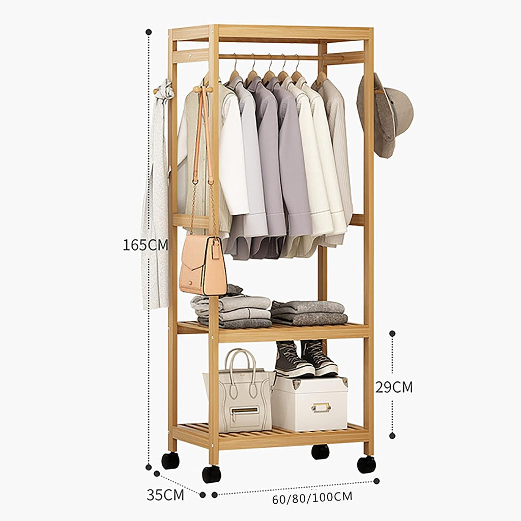 Bamboo Garment Coat Clothes Hanging Heavy Duty Rack with 1 Top and 4 Wheels,Multifunctional Storage Shelf Organizer,for Home Bedroom Entryway