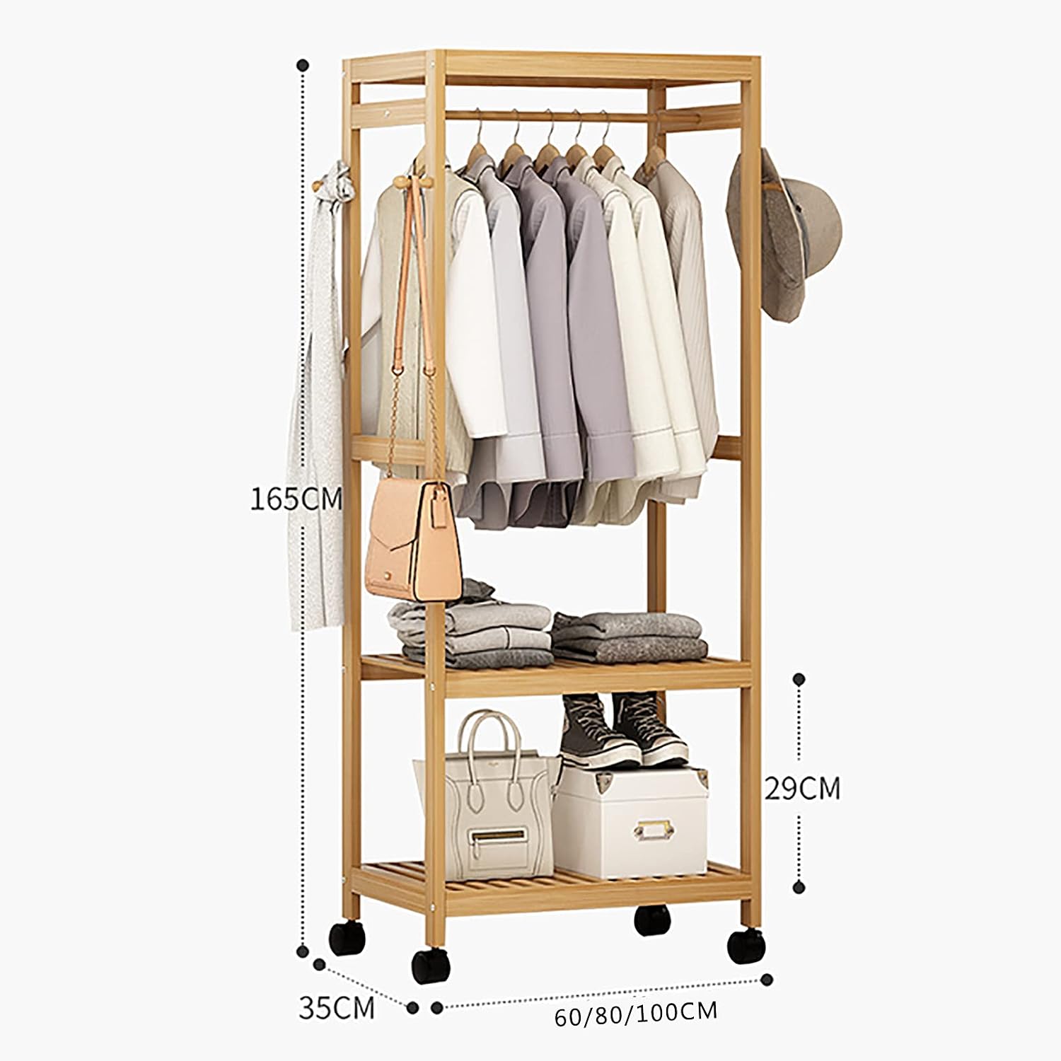 Bamboo Garment Coat Clothes Hanging Heavy Duty Rack with 1 Top and 4 Wheels,Multifunctional Storage Shelf Organizer,for Home Bedroom Entryway