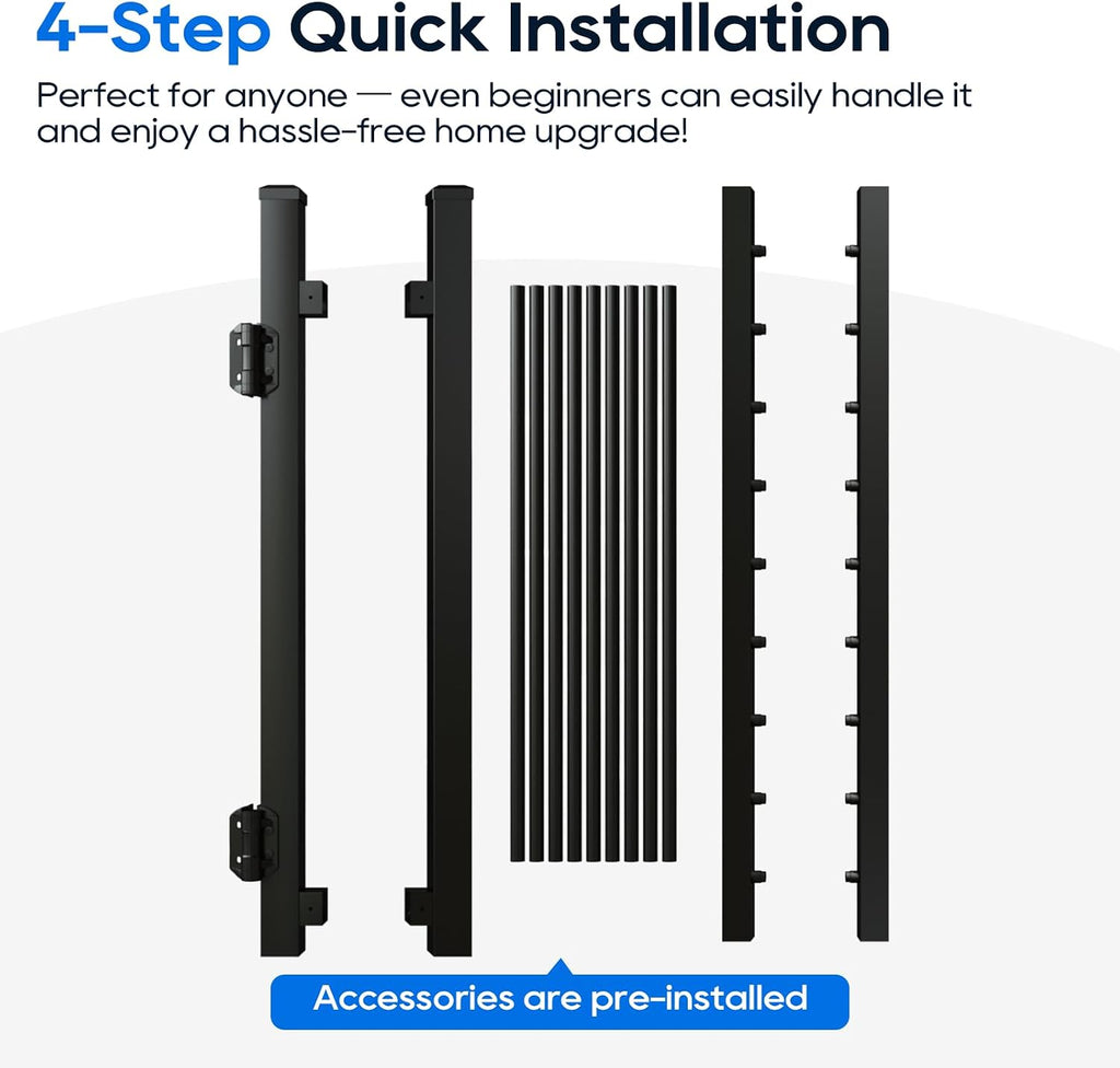 36'x45' Aluminum Gate with Self-Closing Hinges,Round Tube 3/4' pickets,DIY Adjustable Width Black Powder Coated Deck gate Kits Incl. Hinges Latch for Deck Railing Patios Gardens Indoor Outdoor