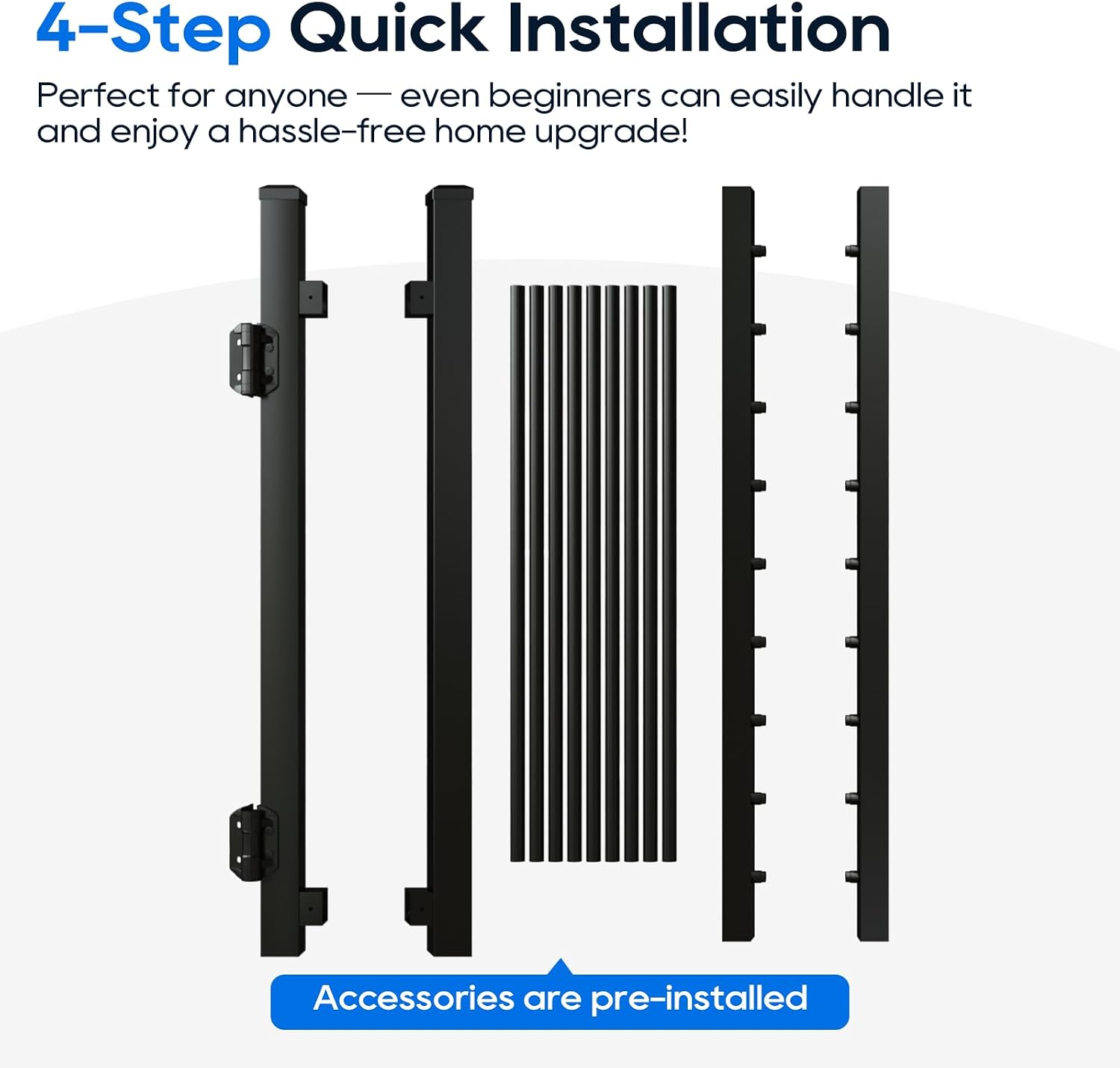 36'x45' Aluminum Gate with Self-Closing Hinges,Round Tube 3/4' pickets,DIY Adjustable Width Black Powder Coated Deck gate Kits Incl. Hinges Latch for Deck Railing Patios Gardens Indoor Outdoor
