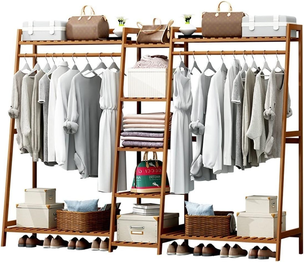 Coat Rack, Bamboo Garment Rack 9-Tier Storage Shelves Clothes Hanging Rack Heavy Duty Clothing Rack Minimalism Wardrobe Closet Organizer