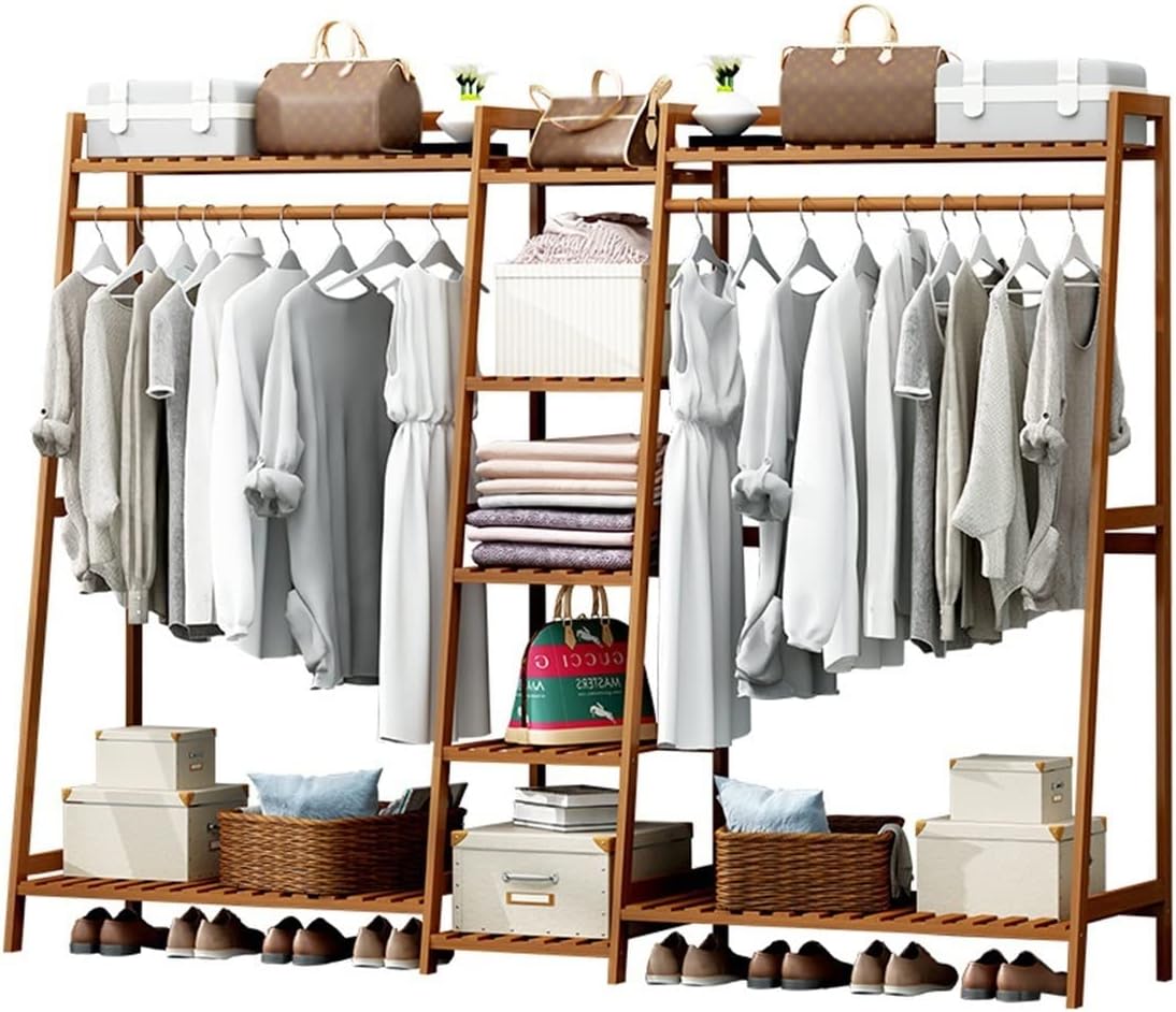 Coat Rack, Bamboo Garment Rack 9-Tier Storage Shelves Clothes Hanging Rack Heavy Duty Clothing Rack Minimalism Wardrobe Closet Organizer
