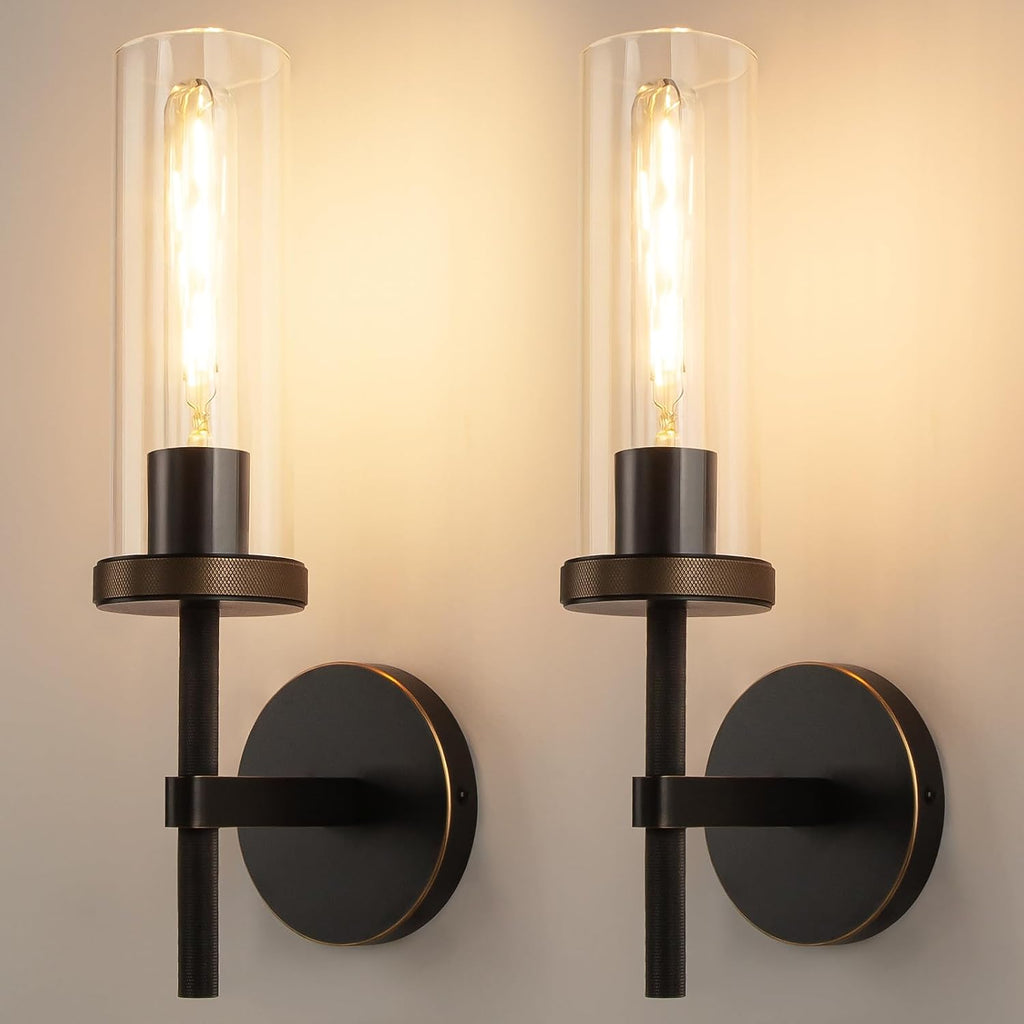 15' Knurled Brass Wall Sconces Set of 2, Black Gold Bathroom Vanity Light Fixtures with Clear Glass Tube, Modern Lamp Lighting for Bedroom, Living Room, Hallway, Staircase, Mirror, Kitchen