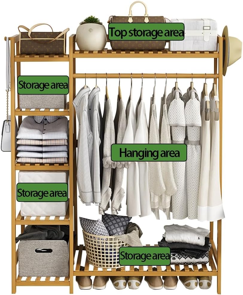 Bamboo Coat Rack with Top Shelf Hanging Rod Shoe Rack Freestanding Clothes Rail for Bedroom Hallway Storage.