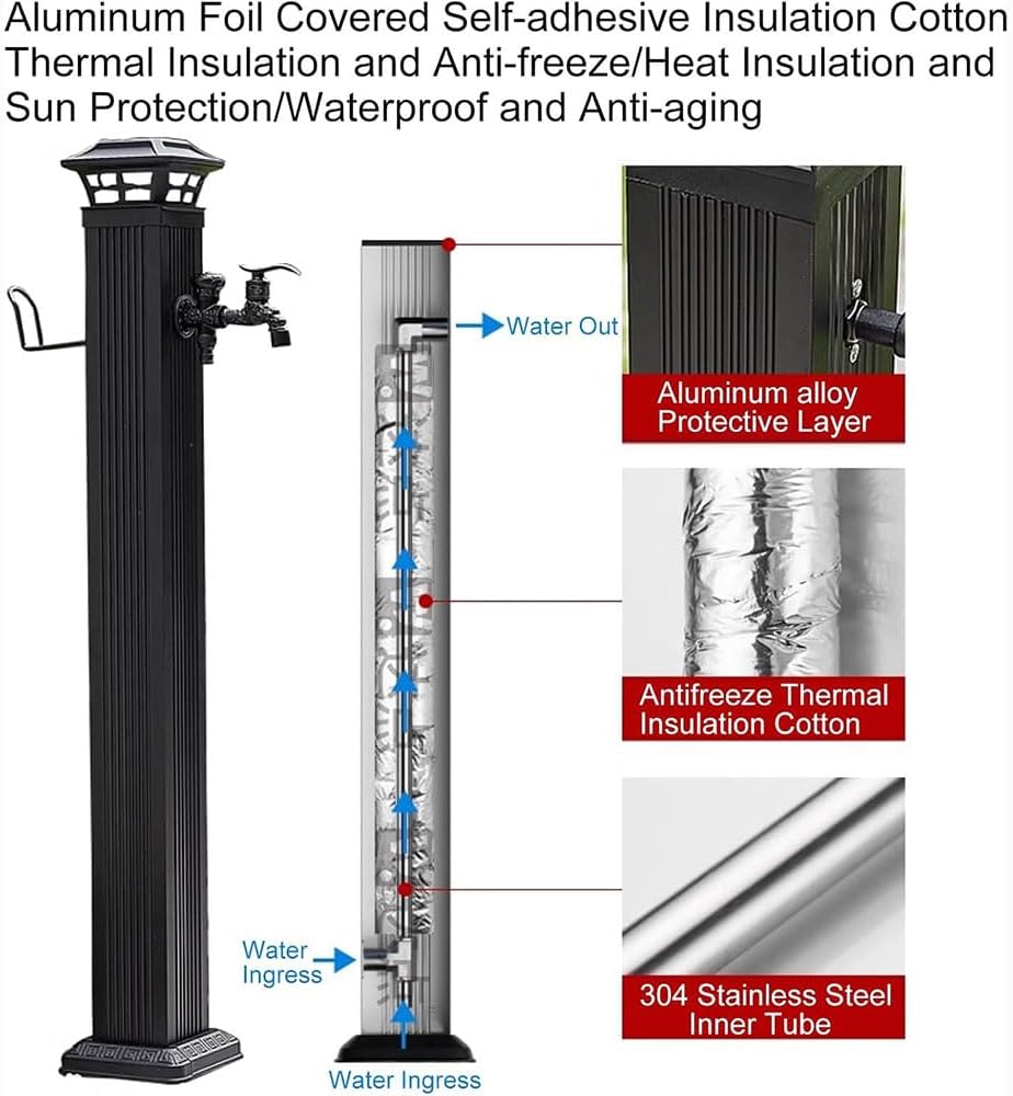 Garden Floor Mount Water Tap Stainless Steel Cylindrical Water Column, Outdoor Anti-Freeze Water Pipe with Solar LED Light, Yard Water Dispenser Hydrant Water Feature Fo