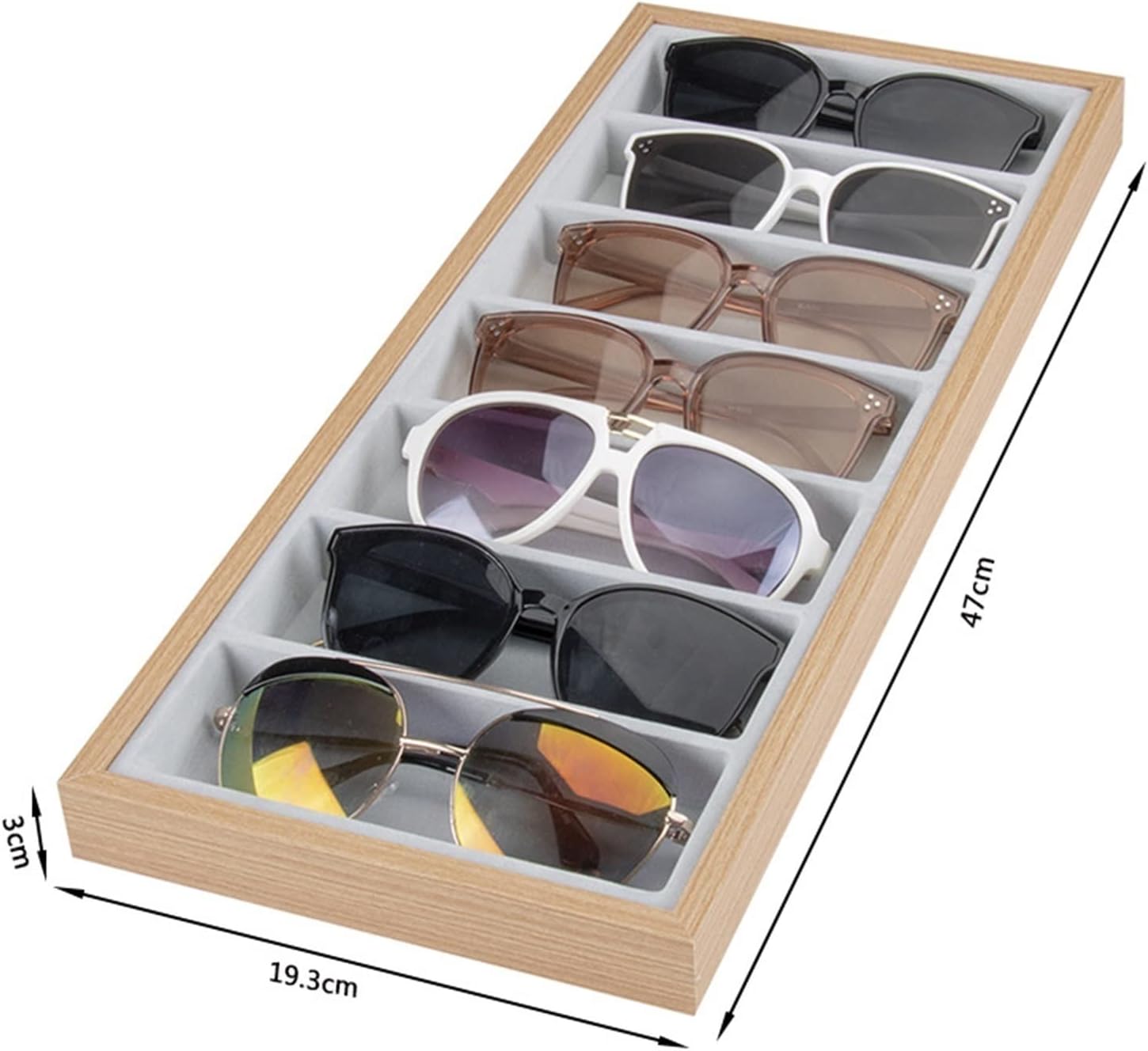 TOMYEUS Sunglasses Display 7 Grids Sunglasses Display Box Wood Velvet Jewelery Display Packaging Props Jewellery Organizer Tray Fashion Cases Eyewear Display Stand (Color : Inner white)