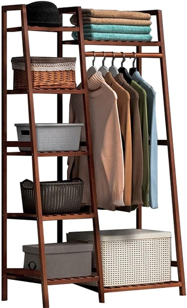 Floor-Standing Solid Wood Rotating Coat Rack，Stylish Bamboo Coat Rack - Free Standing Garment Rack with 7 Shelves & Top Rod, Heavy Duty Wardrobe Closet for Bedroom, Max Load 220lbs, Modern S