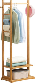 Bamboo Clothing Rack with Storage Shelves, Free-Standing Garment Rack, Hanging Rail & Side Hooks, Stylish Coat Hanger for Bedroom & Living Room Storage Solutions