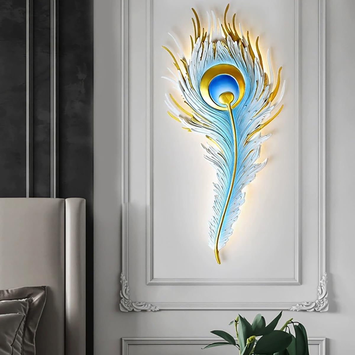 Unique Wall Sconce Feather Wall Lamp LED Dimmable Wall Sconce Lighting Blue Elegant Peacock Feather Design Creative Wall Light Fixtures for Bedroom Living Dining Room Hallway Deco