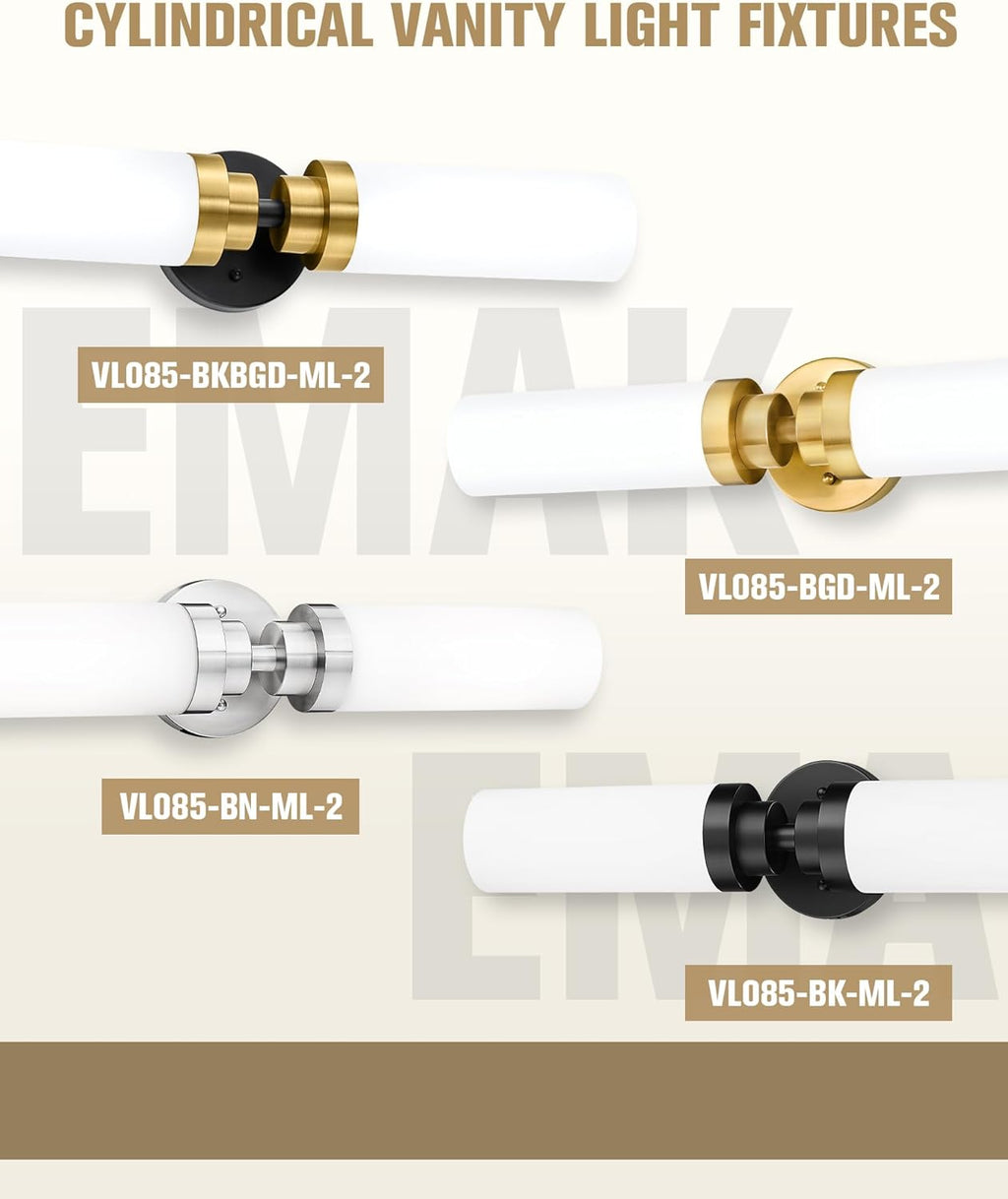Emak 2 Pack Brushed Gold Bathroom Light Fixtures, 2 Light Bathroom Vanity Light with Milk Glass Shade, 22 Inch Modern Wall Sconce for Bath, Mirror, VL085-BGD-ML-2-PK