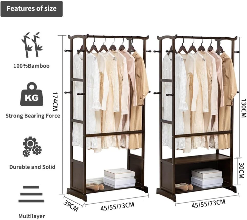 Portable Clothes Racks for Hanging Clothes, Bamboo Garment Rack with 8 Hooks and Lower Storage Shelf for Boxes Shoes Boots, Load 30Kg/a/55 * 39 * 174Cm (B 55*39*174Cm)