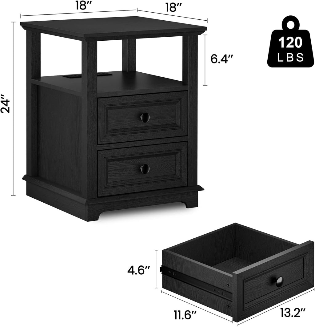 REDAYFUR 24' Nightstand with Fast Charging Station Set of 2, 18' Bedside Table with Drawers,Storage Rustic Wood Storage Cabinet for Bedroom