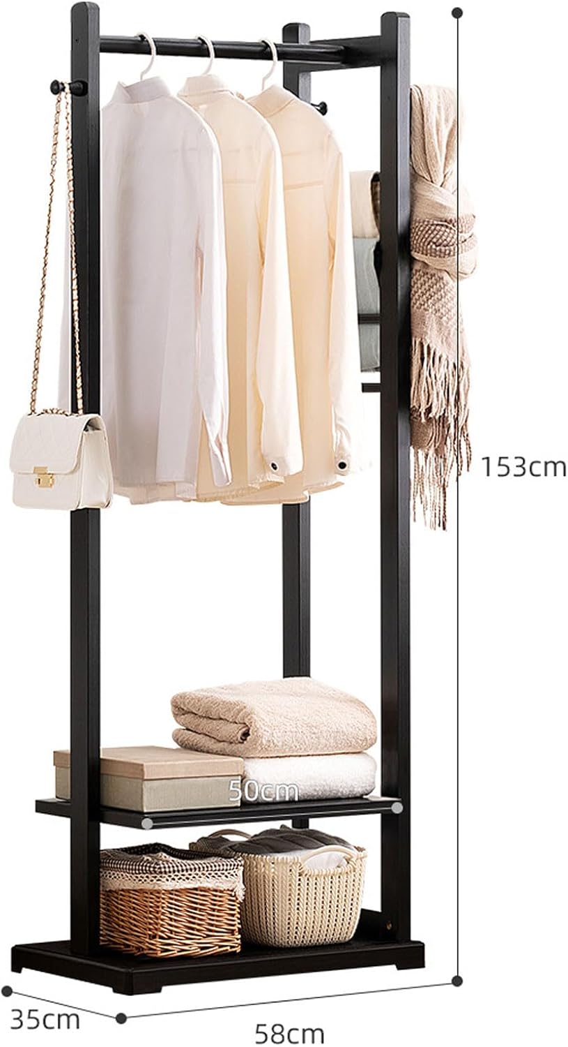 Bamboo Clothing Rack with Storage Shelves - Free-Standing Garment Rack with Side Hooks & Pants Holder, Stylish Hanging Clothes Organizer for Bedroom & Living Room