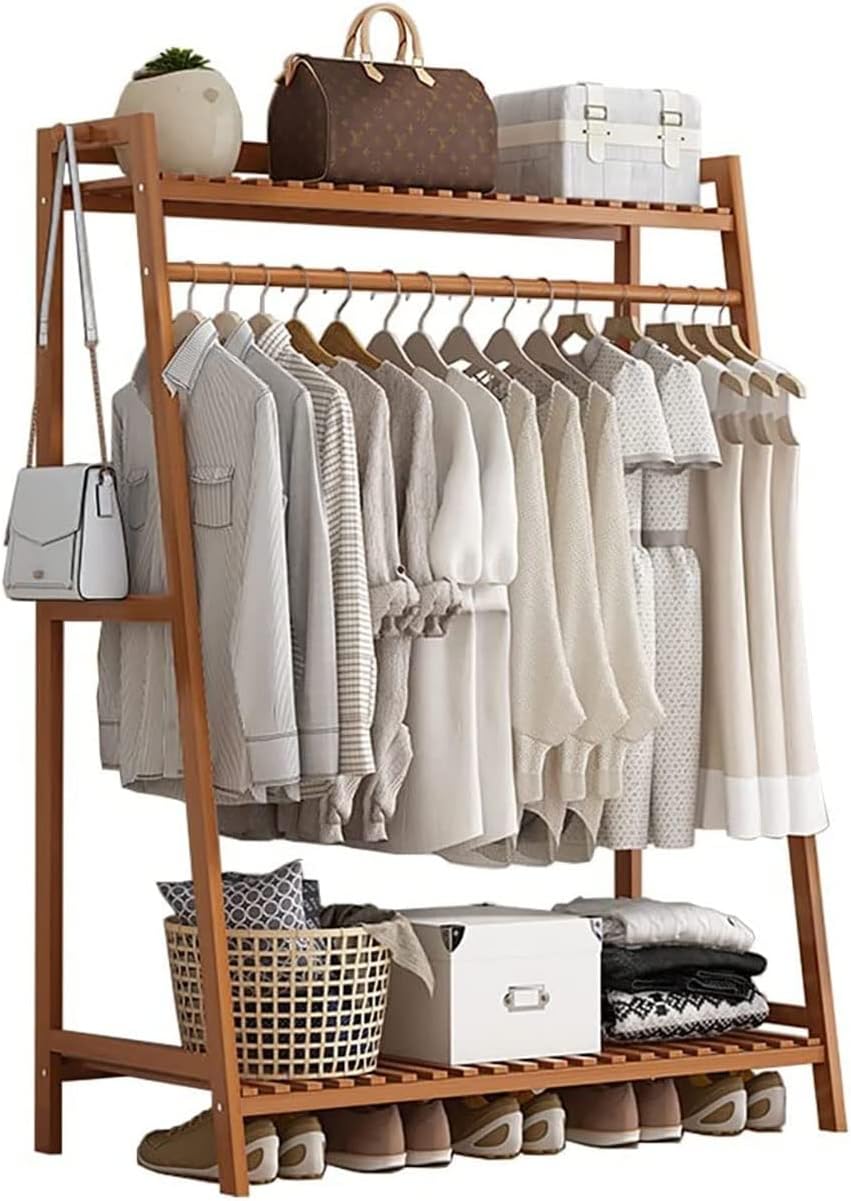 Bamboo Garment Rack with Shelf, Hanging Coat Rack for Clothes Coats Shoes, for Living Room Bedroom Entryway, Space Saver/Brown/100Cm