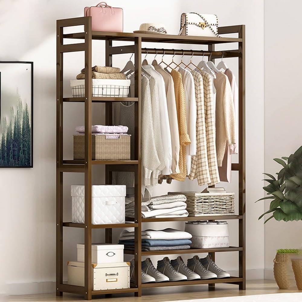 Bamboo Coat Stand with Storage Shelves Portable Freestanding Clothes Rack for Bedroom and Entryway