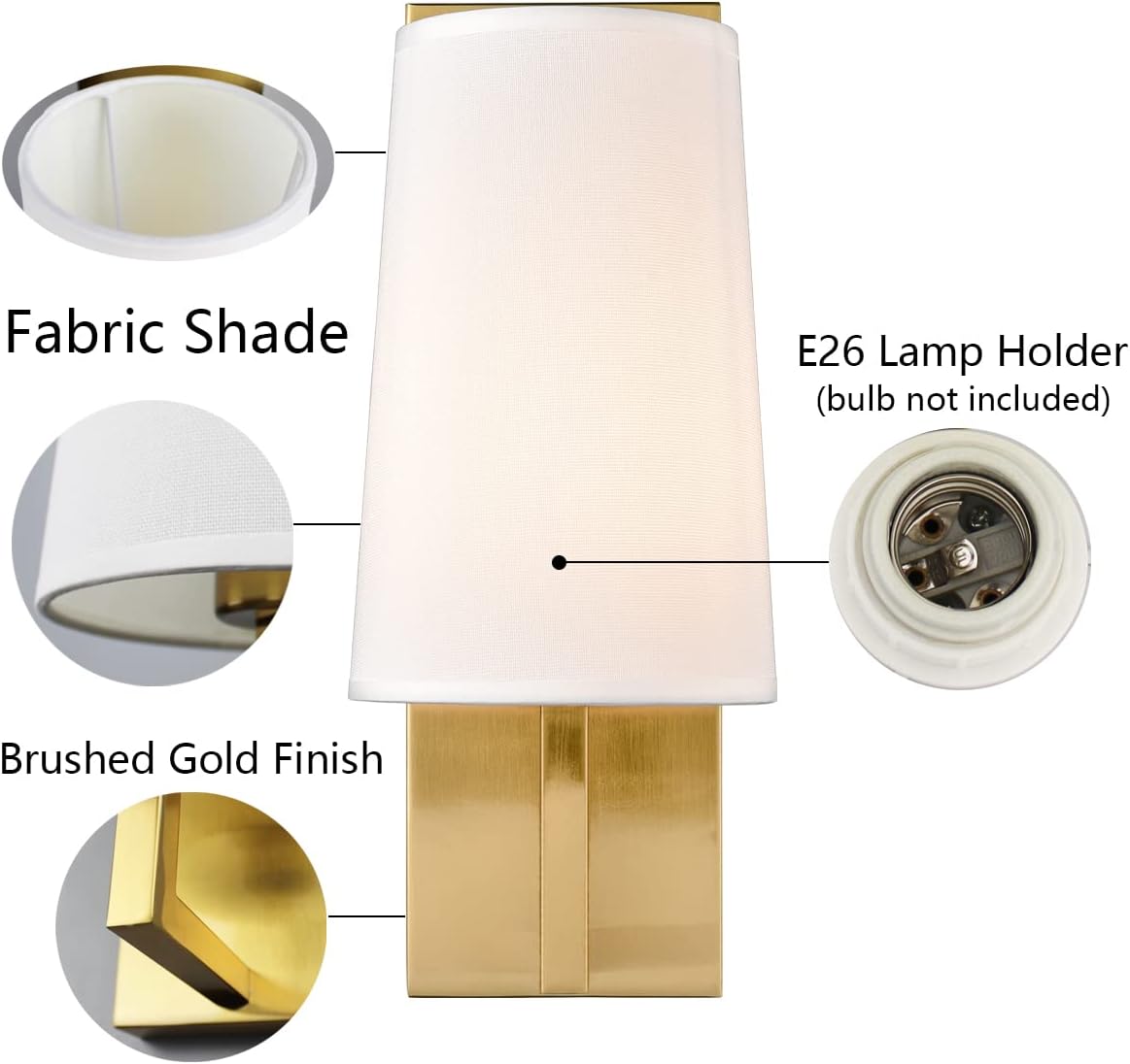 Gold Wall Sconces Set of Two Mid-Century Modern Fabric Shade Sconces Wall Lighting Indoor Brass Wall Lamp for Bedroom Hallway Living Room