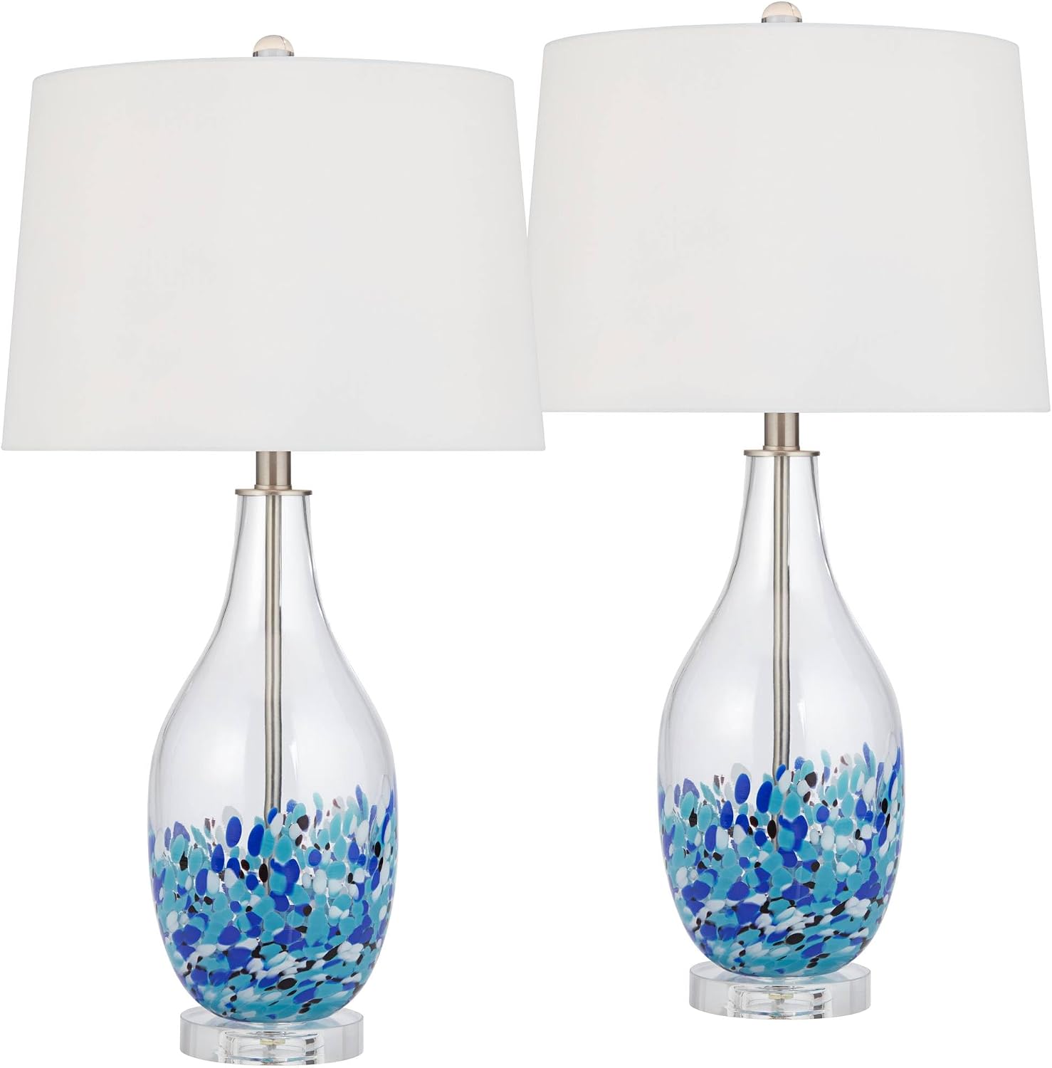 Marnie 27 3/4' Tall Curved Modern Coastal Table Lamps Set of 2 Blue Art Glass Fabric White Shade Living Room Bedroom Bedside Nightstand House Office Home Reading (Colors May Vary) - 360 Lighting