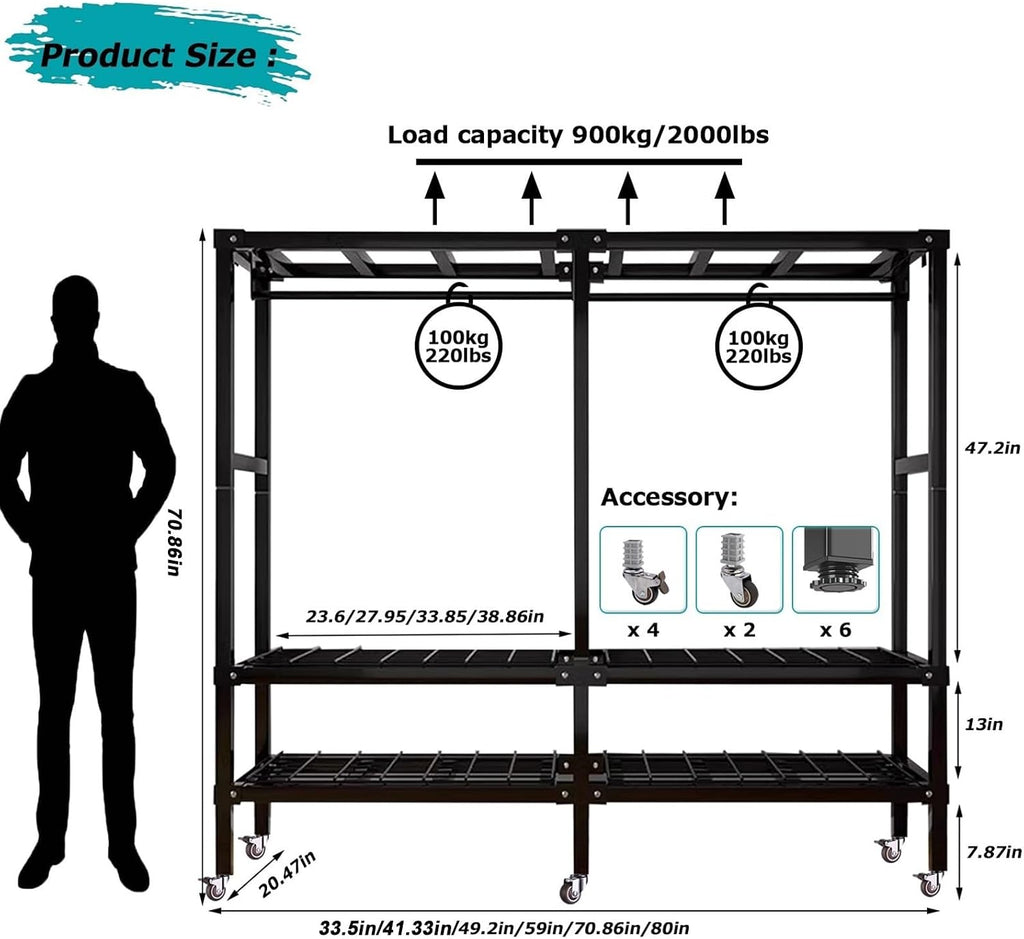 Heavy-Duty Portable Wardrobe Foldable Clothes Rack with Wheel and Cover - 2000lbs Load Capacity - Freestanding Rolling Garment Rack for Hanging Clothes - Bedroom Armoires Clothing Coat Storage Rack