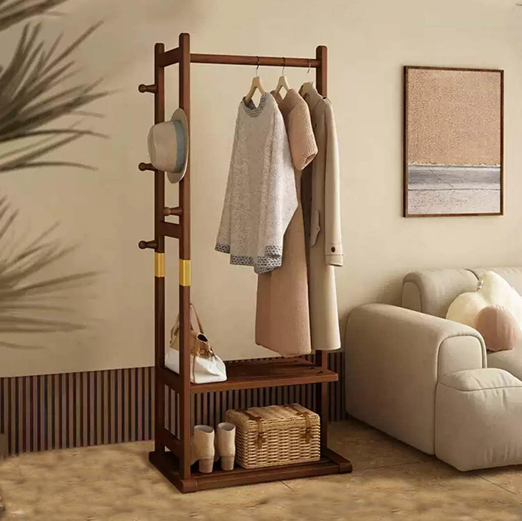Solid Wood Clothes Rack with 2 Shelves & 4 Hooks for Hanging Clothes Wallets Hats, Garment Rack Heavy Duty Freestanding Coat Rack with Storage for Hallway Bedroom Living Room