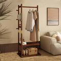 Solid Wood Clothes Rack with 2 Shelves & 4 Hooks for Hanging Clothes Wallets Hats, Garment Rack Heavy Duty Freestanding Coat Rack with Storage for Hallway Bedroom Living Room