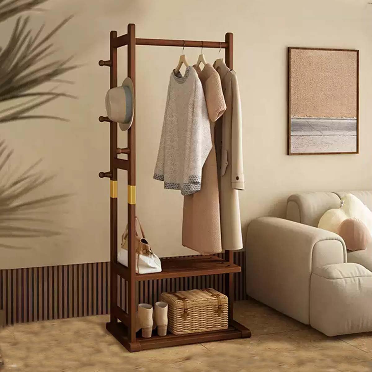 Solid Wood Clothes Rack with 2 Shelves & 4 Hooks for Hanging Clothes Wallets Hats, Garment Rack Heavy Duty Freestanding Coat Rack with Storage for Hallway Bedroom Living Room
