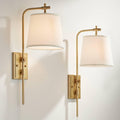 Barnes and Ivy Seline Modern Wall Lamps Set of 2 Warm Gold Metal Plug-in 9' Adjustable Swivel Off-White Linen Drum Shade for Bedroom Living Room Home Hallway Dining Kitchen