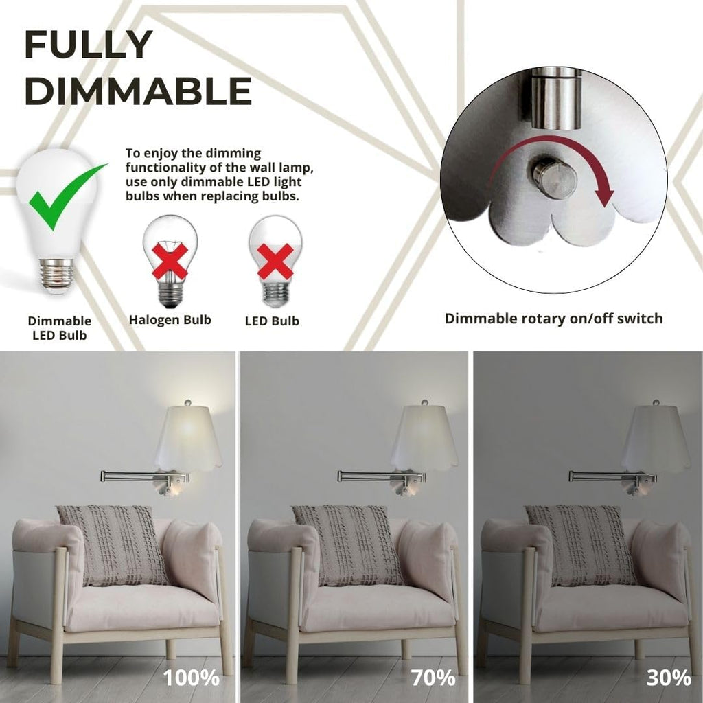 Royal Designs, Inc. Set of 2 Scalloped Swing-Arm Dimmable Wall Lamp - Brushed Nickel Lamp with Gray Scallop Hardback Lampshade