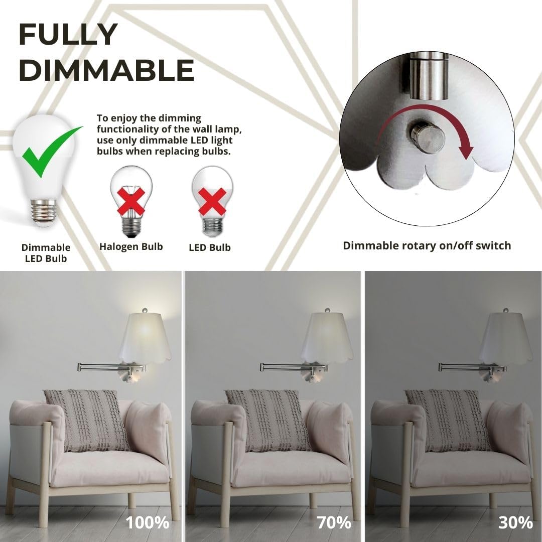 Royal Designs, Inc. Set of 2 Scalloped Swing-Arm Dimmable Wall Lamp - Brushed Nickel Lamp with Gray Scallop Hardback Lampshade