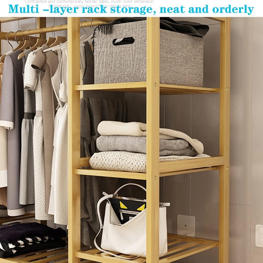 Freestanding Bamboo Wood Garment Rack, Corner Clothes Hanging Rack with 9 Tiers, 147 * 41 * 165cm, Space Saver