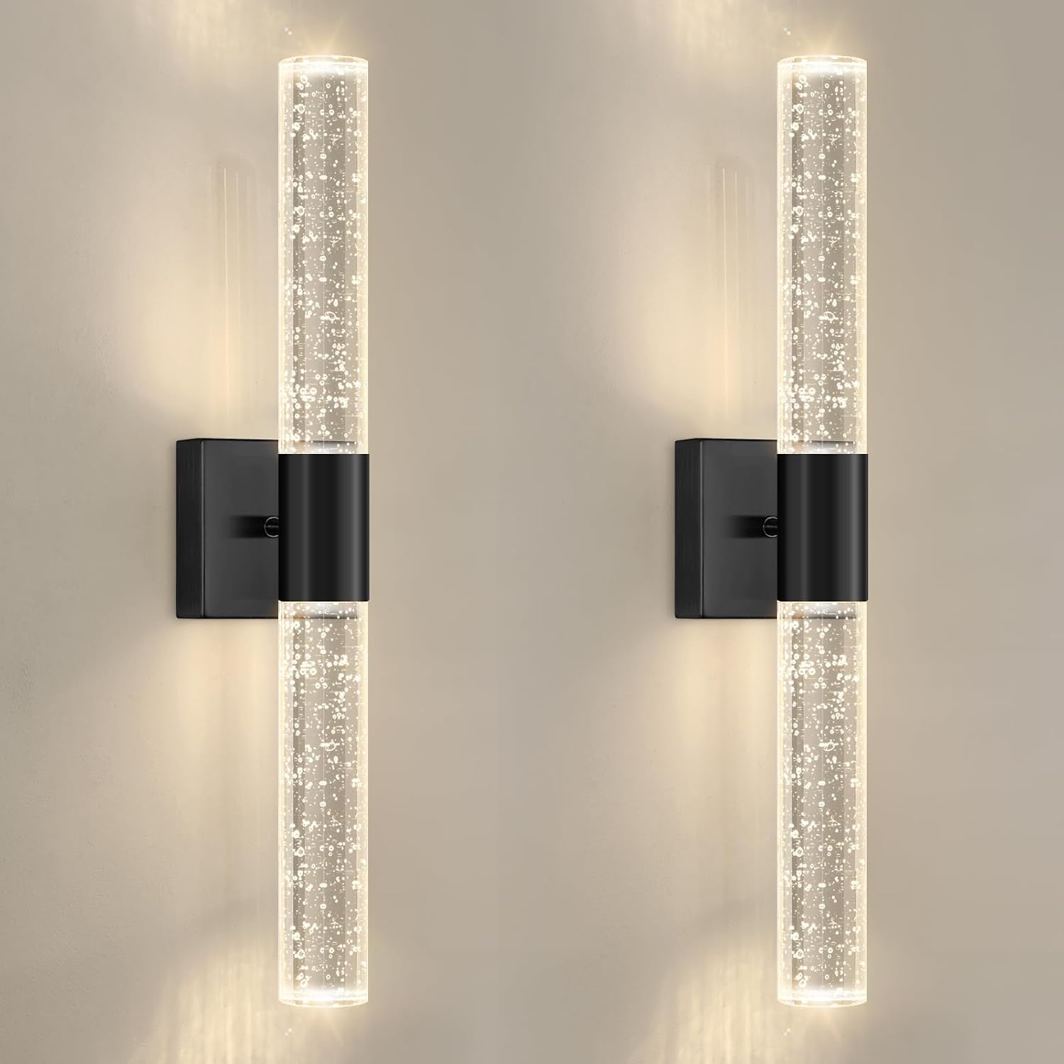 Black LED Wall Sconces Set of 2 with LED Warm Light Interior Glam Crystal Wall Light, Hardwired