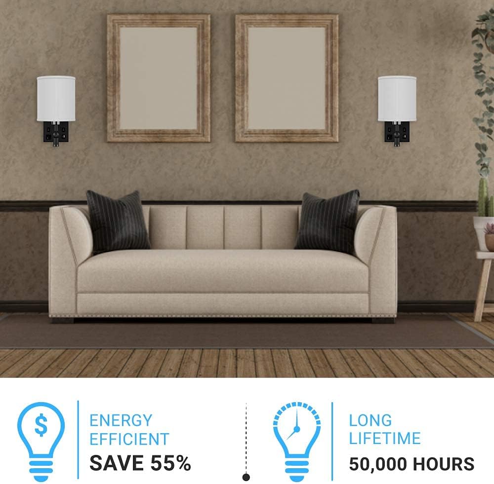 LEDMyplace Wall Sconces Set of 2 LED Indoor Wall Sconce, Bedside Light Fixture with USB Ports & Outlet, White Fabric Shade, Black Metal Finish Wall Lamps for Bedroom, Living Room